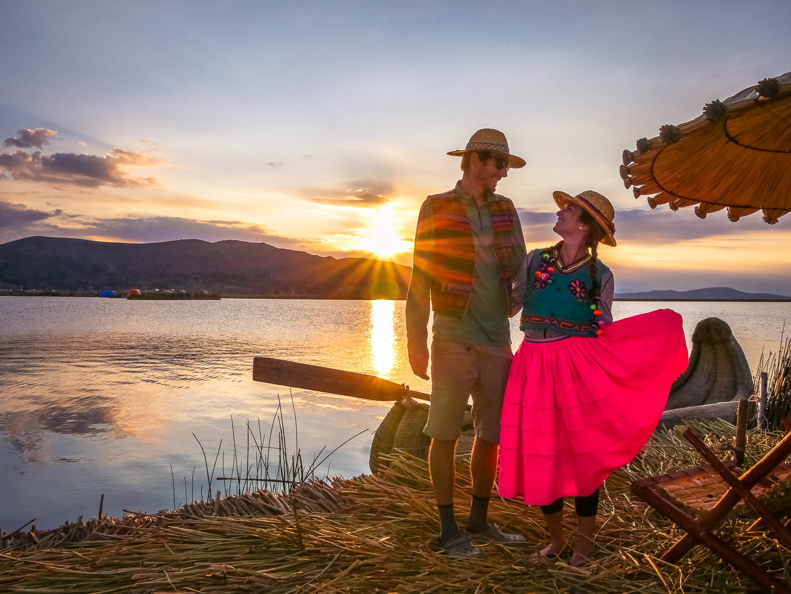 Floating island sunset Lake Titicaca Peru