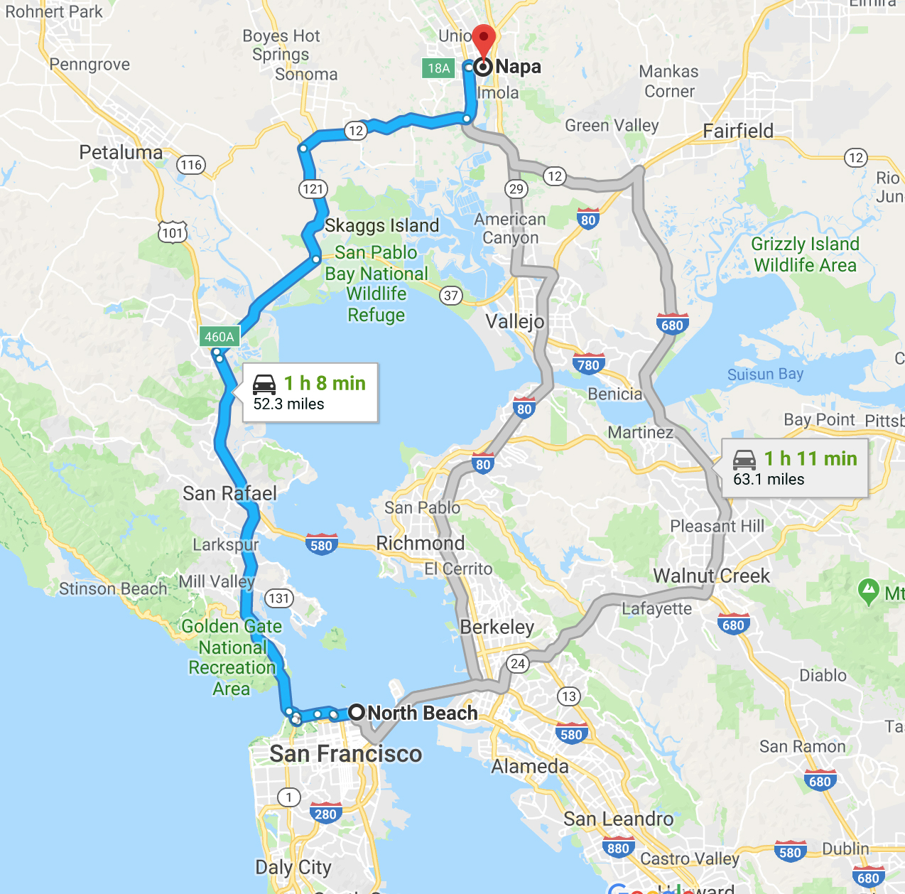 San Francisco to Napa Valley Google Maps