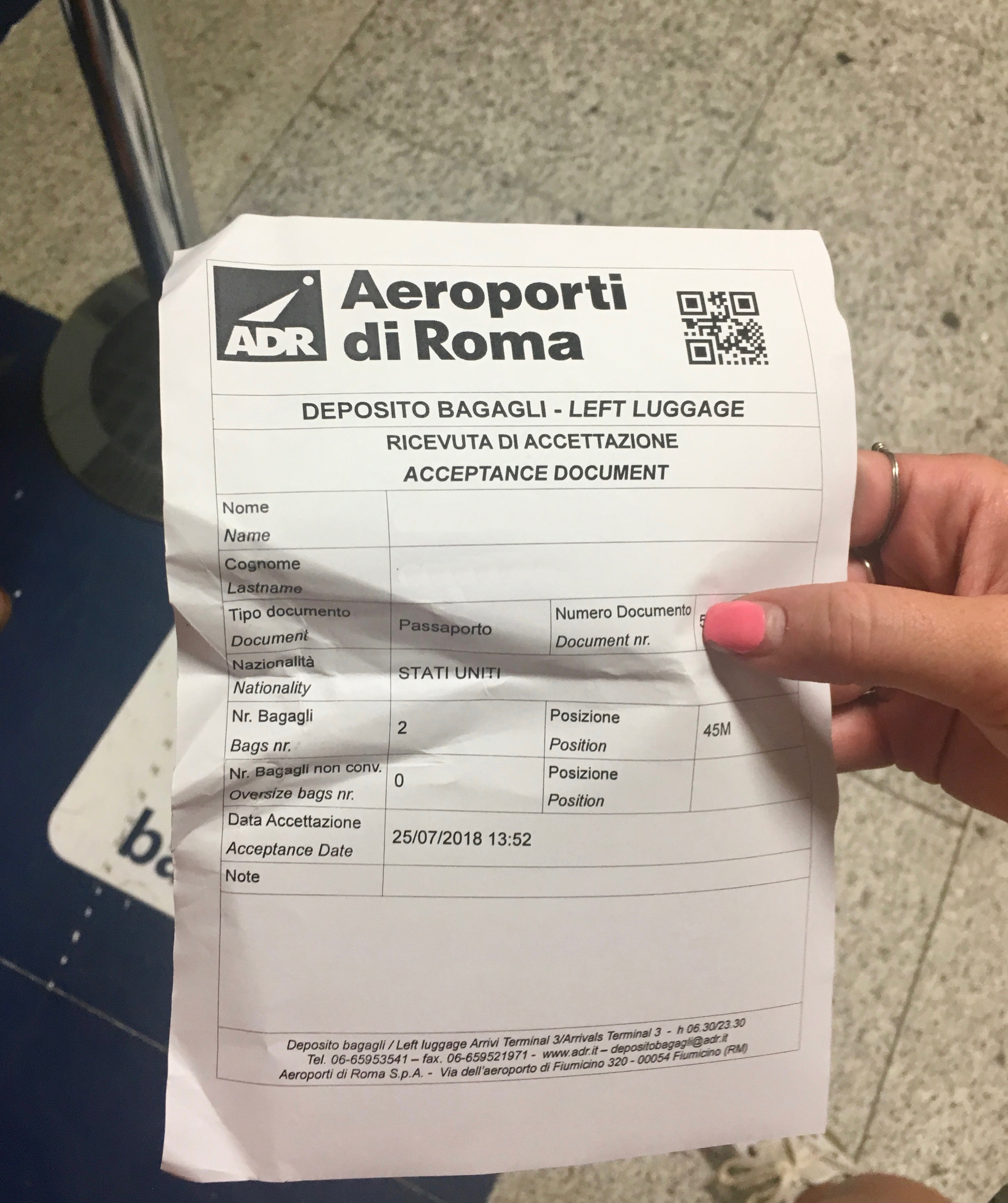 Left luggage ticket for Rome Airport