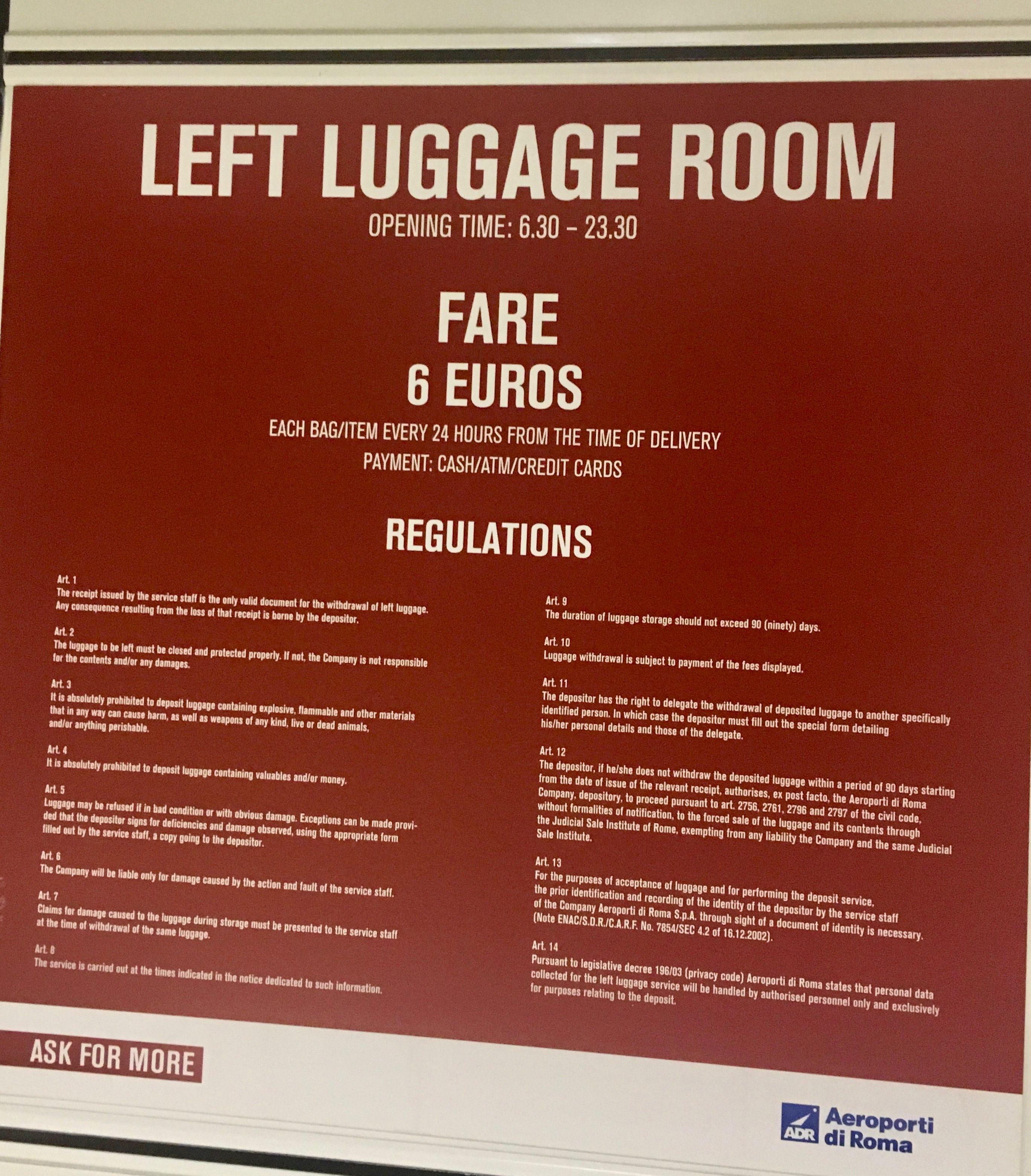 Luggage Storage Rome Airport Regulations. Left Luggage. go4theglobe