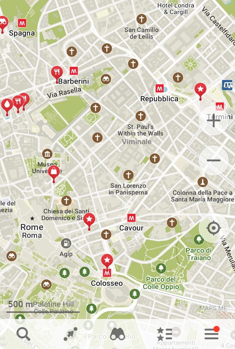 Maps.me map of Rome with locations saved for layover itinerary